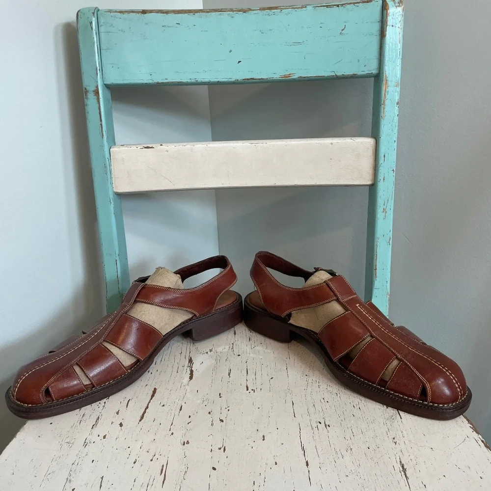 VTG Cole Haan Mens Brown Leather Fisherman Sandals Buckle Closure Size 10.5 D